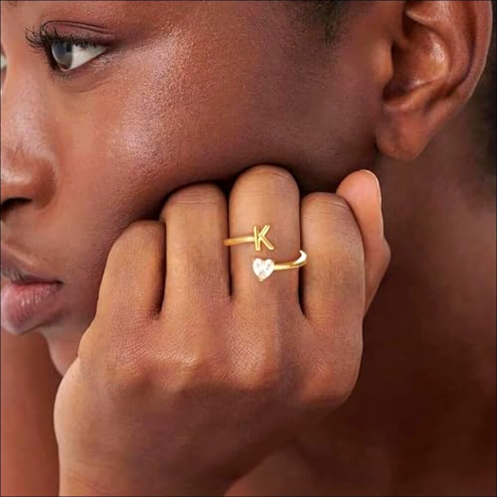 Adjustable Gold Plated Initial Ring With Heart Zi… - image 5